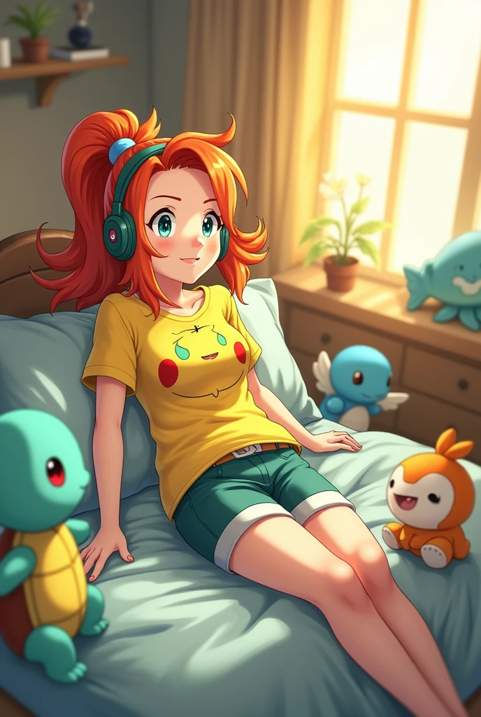 Draw Misty from Pokémon in a room lying on her bed listening to music with pokeball shaped headphones.
Misty has short hair pulled back in a ponytail on the right side of her head and it is orange; Her eyes are green.
She's wearing a yellow shirt with a Togepi design and athletic shorts.
Your room has plush toys of marine Pokémon