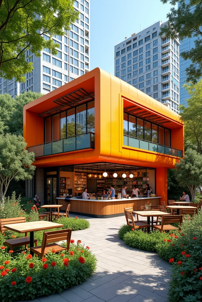 I want a fast food store that has a noticeable structure on the outside and a beautiful garden.