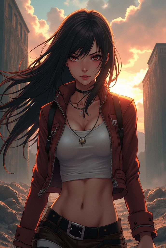 Brown haired attack on titan style, long hair, emo, sideswept bangs and hot, adult.