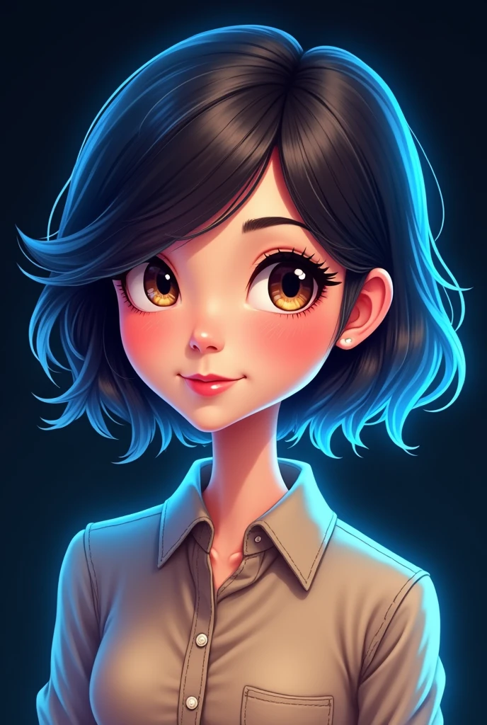 Cartoon style, Glow art, A woman, short shoulder length hair with slightly wavy hair and side parting like a TV presenter style, cartoon style with normal eye proportions, cute and young face shape, Light brown eye color,  facial proportions, normal and not large nose proportions, brush strokes on the hair, wearing a formal women's shirt with a collar on the neck, light brown shirt,  Semi-caricature result with big head and , black color background 45 percent opasity, blue glow art light, hair and shoulder glow art light effect  