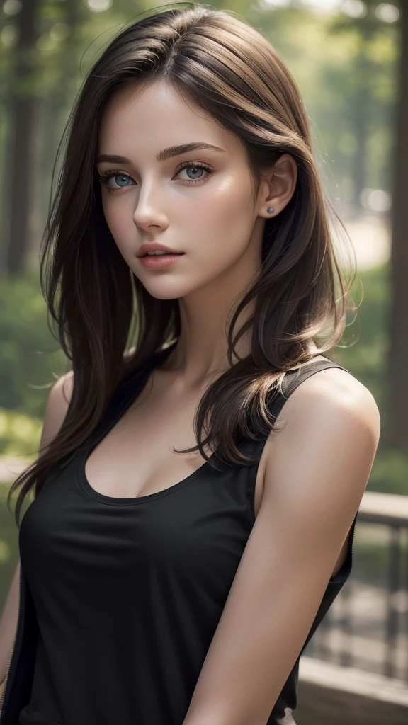 (masterpiece, The best quality, fotorrealist, High Resolutions, Cinematographer, :1.3), Very close shot, Sharp focus, 1 brunette girl, naked, european girl, hot model, Highly detailed eyes and pupils, Piel realist, slim body shape, naked, neckline, extremely detailed hair, Delicate and sexy face, sensual gases, naked, bright lips, ((Wear black sleeveless t-shirts covered with jacket)), outdoor, ((realist, super-realistic, realism, Detalles realists))