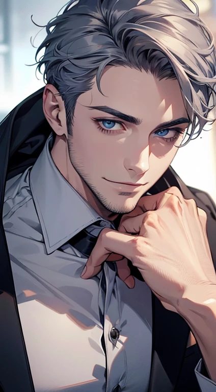 (best quality,4k,8k,highres,masterpiece:1.2),ultra-detailed,(realistic,photorealistic,photo-realistic:1.37),1 man,31 years old,mature man,very handsome,without expression,smile,short grey blue hair,blue eyes,penetrating gaze,perfect face without errors,imposing posture,businessman,office background,cinematic lighting,hdr image