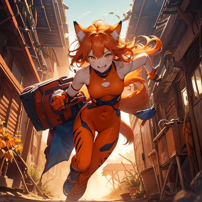 High Resolution, HD, High Quality, Super Detailed, High Details, Masterpiece, Anime, Anime Style, Character Design, high fantasy, epic art, animal characteristics, real animal with humanoid features, humanoid animal with true humanoid with true animal festures
{{adult female domestic orange cat female explorer:(green cat eyes, orange cat head, orange cat face, orange cat pink nose, orange cat mouth, orange cat ears, orange cat neck, orange cat slender body, medium breasts,all body covered in orange cat fur, slender orange cat arms, orange cat hips, orange cat legs, orange cat hands with 4 fingers and 1 thumb, orange cat tail),(blue sailor shirt, red leggings, red shoulderpads, blue gloves, redd knee pads, 2 silver daggers on each hand),(laughing with her open cat mouth showing her own cat famgs and teeth, running fiercely to fight and sneak attack),(kenya desert, sunny dawn, sandy ecosystem amd ground, several arabic towers destroyed around)}}