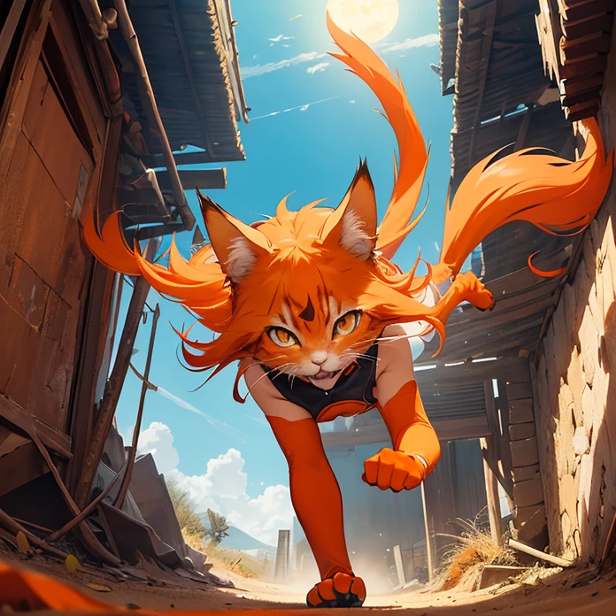 High Resolution, HD, High Quality, Super Detailed, High Details, Masterpiece, Anime, Anime Style, Character Design, high fantasy, epic art, animal characteristics, real animal with humanoid features, humanoid animal with true humanoid with true animal festures
{{one creature: female domestic orange cat female explorer:(greem cat eyes, orange cat face, orange cat face, orange cat pink nose, orange cat mouth, orange cat ears, orange cat neck, orange cat slender body, medium breasts,all vosy covered in orange cat hair fur, slender orange cat arms, orange cat hips, orange cat legs, orange cat hands with 4 fingers and 1 thumb, orange cat tail),(blue sailor shirt, red leggings, red shoulderpads, blue gloves, redd knee pads, 2 silver daggers om each hand),(laughing with her open cat mouth showing her own cat famgs and teeth, running fiercely to fight and sneak attack),(kenya desert, sunny dawn, sandy ecosystem amd ground, several arabic towers destroyed around)}}