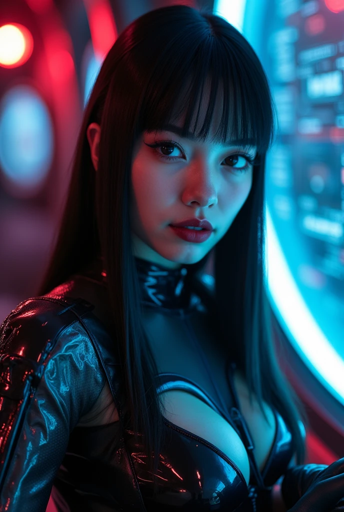 a portrait of a pretty young woman, cool,gundamwingcockpit, futuristic, scifi, plugsuit, transparent latex, goth, dark lips, large breasts, solo, black hair,straight hair, gloves, dutch angle, smirk, controls, joystick, holographic interface, technology, close up, glowing, neon