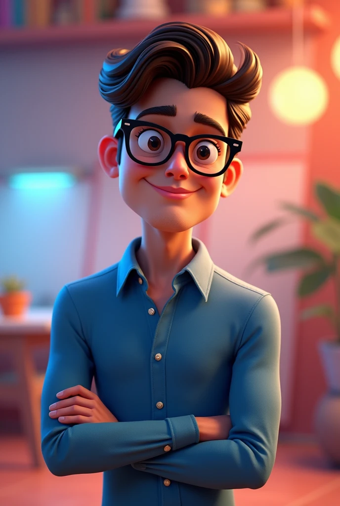 Cartoon character of a man in black glasses and blue shirt, animation character, stylized character, animation style rendering, 3d stylized, Arnold Maya rendering, Stylized 3D rendering, toon render screenshot, 3d character, 3d character, Stylized 3D rendering, 3D character rendering, cartoon character, Personagem de close up, character posing, (Pixar-style) (master part:1.2) (bokeh) (best qualityer) (skin detailed) (detailed texture) (8k) (Argilla) (cinematic lighting) (sharp focus