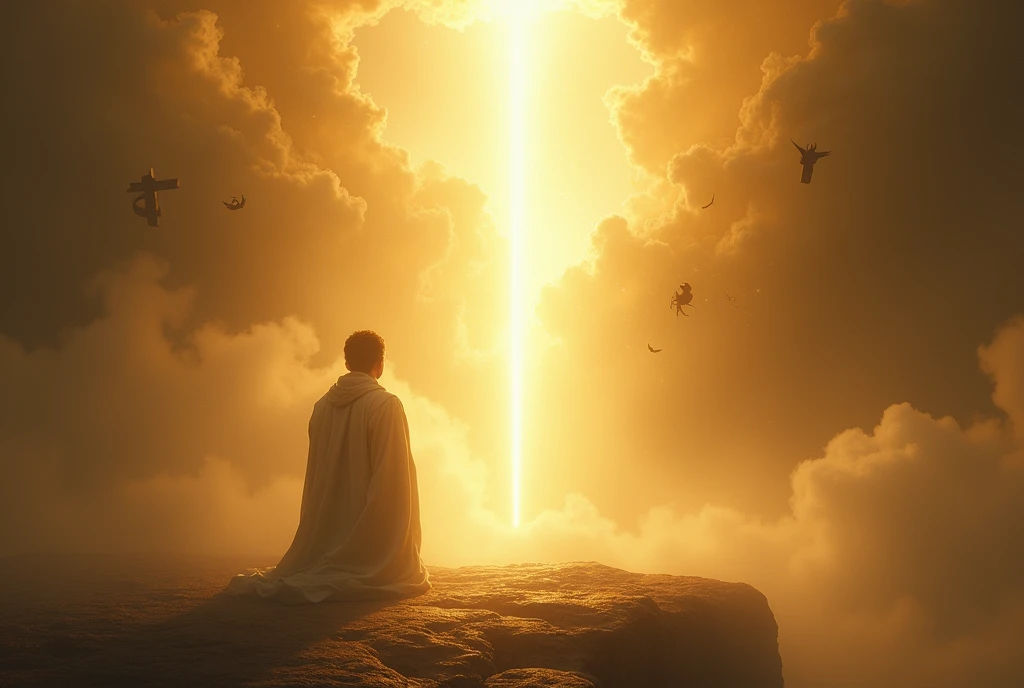 Ethereal scene of a humble human figure kneeling in submission before a radiant, abstract representation of God. Divine light cascades from above, enveloping the figure in a warm, golden glow. In stark contrast, a dark, shadowy form of the devil lurks at the edge of the frame, recoiling and fleeing from the light. Celestial atmosphere, wispy clouds, and floating symbols of faith surround the central figures. Hyper-detailed, dramatic lighting, chiaroscuro effect, digital painting style with photorealistic elements, inspired by Rembrandt and Greg Olsen.