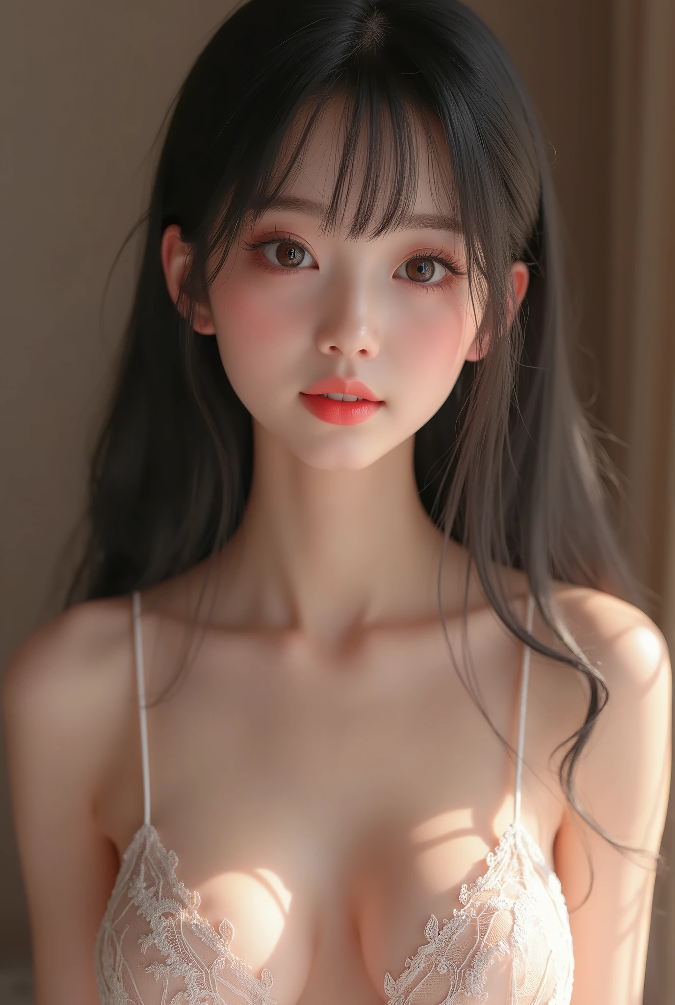 straight hair, (1girl), 20yo, kawaii, cute face idol, Cheerful, gentle, soothing, beautiful girl with beautiful details, (horizontally elongated eyes:1.3), extremely detailed eye and face, glossy lips, (See-through lace costume with cute details and wide open breasts:1.6), Bare shoulders, (Bare chest, areola:1.35), Realistic, extremely detailed CG unified 8k wallpaper, ighly detailed, High-definition raw color photos, professional photograpy, Realistic portrait, Cinematic Light, Beautiful detailed, Blushing, Ashamed, (Realistic skin:1.2), (Best Quality:1.4), Super Detail, High quality, Indoor, depth of fields,