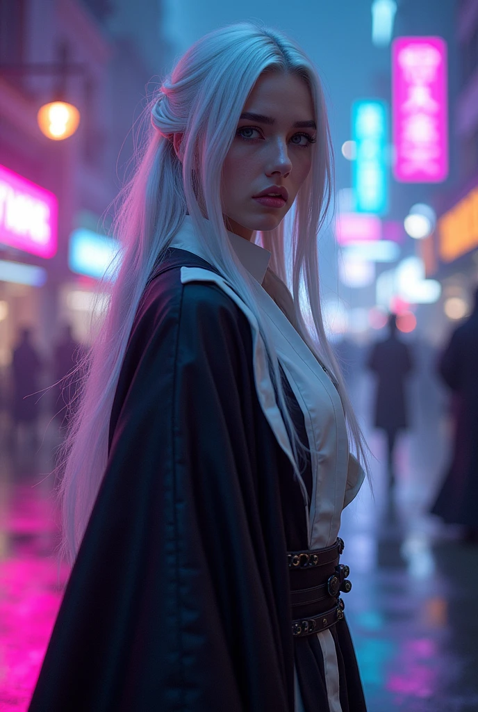 beautiful and scenic photography, Full body photo from head to toe, Final Fantasy IX solution area city edge woman, She wore a robe, Bell sleeves, Black and white clothing, White long hair, Downward curved corner, The background is cyberpunk, purple, blue, and pink lights