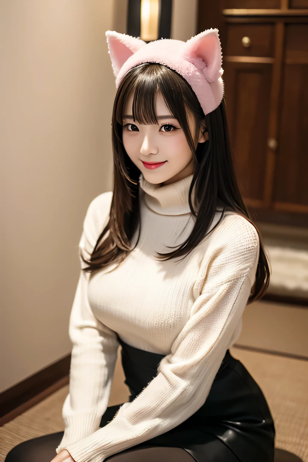 (ultra high quality, realistic photo) young Japanese woman with long, wavy, black colored hair with perfect bangs, Sitting gracefully in a tight turtleneck sweater and high waist long skirt, pink fuzzy tight turtleneck long-sleeved sweater, black long high-waisted skirt, conservative but large breasts, She has big fluffy cat ears on her head, Matching soft and fluffy tail, Her eyes are large and seductive half closed, A calm and attractive look, The scene is softly lit with a magical, dreamy atmosphere, It highlights her smooth skin and the intricate details of her outfit, It adds to the whimsical nature of her look, The background is soft and blurry, Enhances the ethereal feel of the image, seductive, eyeliner and eye shadow, tight clothing, sitting with legs crossed wearing pantyhose, 3 meter long hair, extremely long hair, shampoos hair everyday for the last 10 years, hair touching the floor, goddess, thin beautiful, red lipstick, arms squeezing breasts, smirk, hypnotized, brainwashed, happy, mature but still young