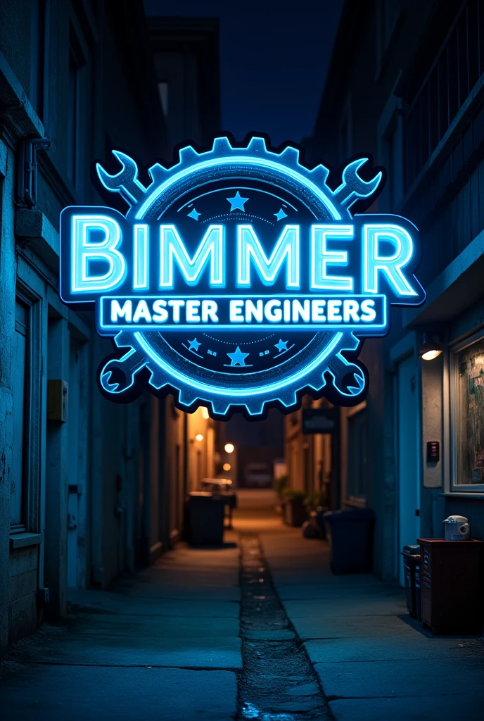 Neon sign logo for a mechanic shop named Bimmer Master Enginners