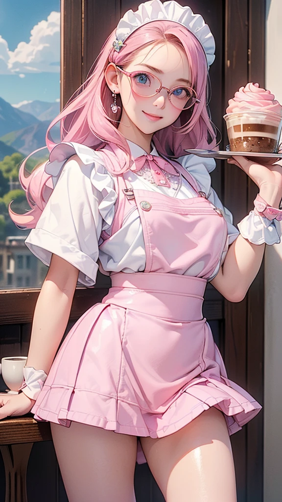 One Girl(High resolution, masterpiece, accurate, Anatomically correct), ((Landscape、Wearing glasses、A happy look、holding a tray with coffee.))、(Hair the color of water, with ends that are fluffy、Light blue eyes)、((Maid outfit、Pink mini skirt:1.5))((Inside a coffee shop))、Highest quality, Ultra high definition, High-resolution model