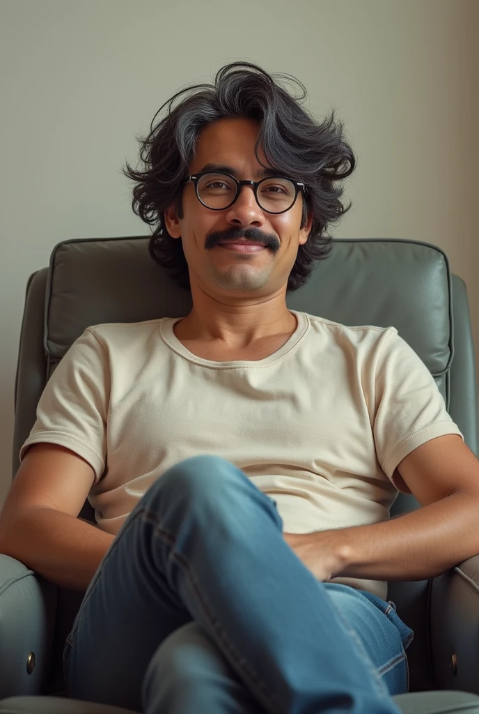 very realistic, 23 year old man, with mustache, Long, messy black hair with some gray, with round glasses, weight of 65 kilos, medium build, Latin American, Chilean, sitting in an armchair, Simple, average, with t-shirt, jeans, fondo Simple