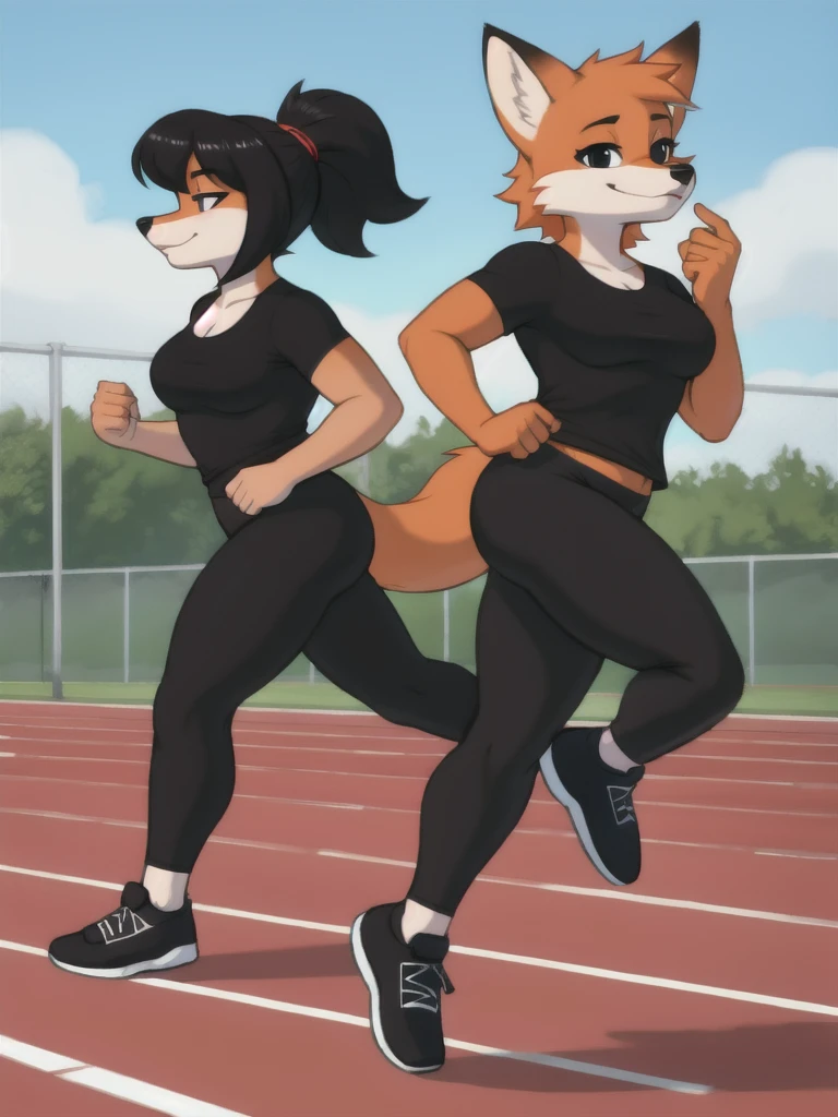 Furry, fox, female, black shirt, black leggings, shoes, running track, friends, full body