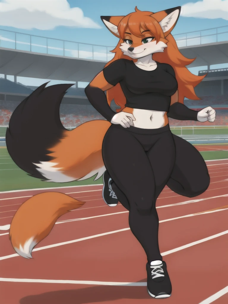 Furry, fox, female, black shirt, black leggings, shoes, running track, friends, full body