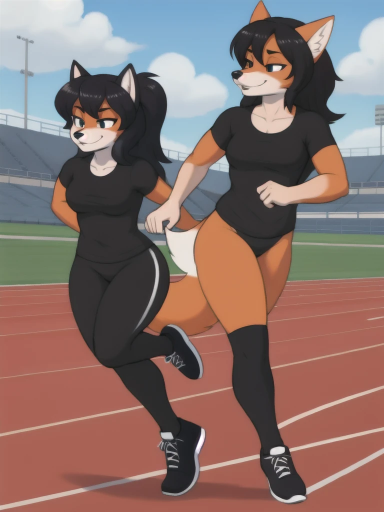 Furry, fox, female, black shirt, black leggings, shoes, running track, friends, full body