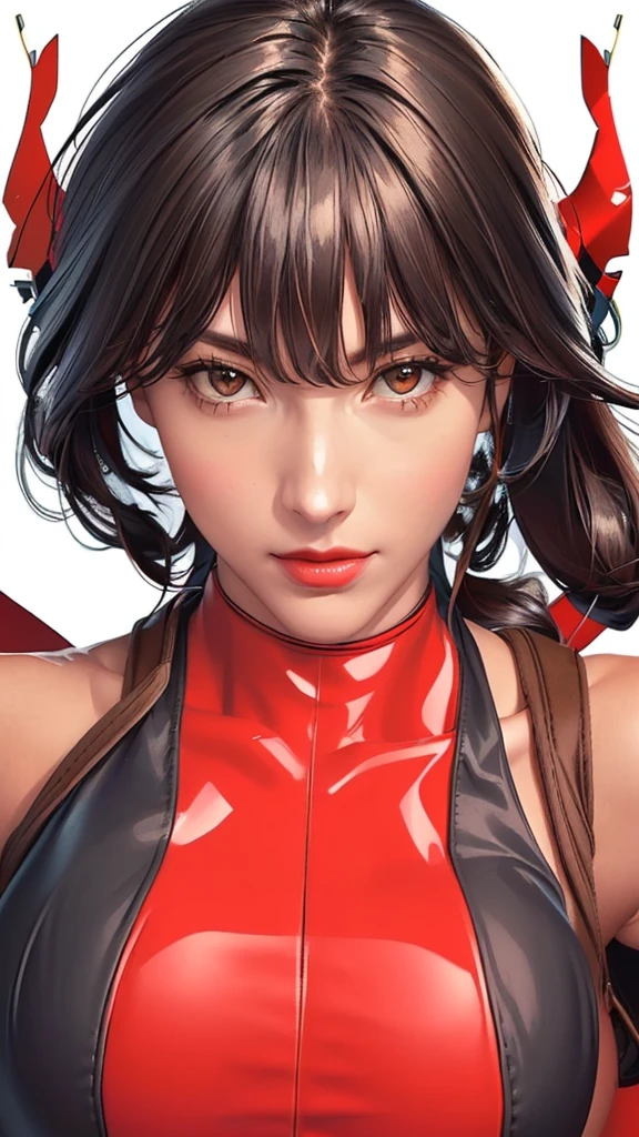 (((Perfect body,White and tender skin,(((BodySuit_lady_deadpool_ownwaifu,bodysuit, skin tight, superhero, Belt Pouch, utility belt, red bodysuit, gloves, weapon on back, thigh pouch, thigh strap, thigh holster, belt buckle, turtleneck, ))),(((ailisha,Black long hair, super long hair, slanted bangs, brown eyes, red lips))),((masterpiece)),high resolution, ((Best quality at best)),masterpiece,quality,Best quality,((( Exquisite facial features,Looking at the audience,There is light in the eyes,Smile))),))),(((Light and shadow,Huge breasts,))),(((Looking at the camera,black background,)))),