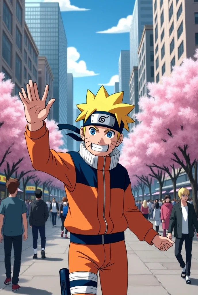 Draw Naruto Uzumaki waving to the viewer in the city