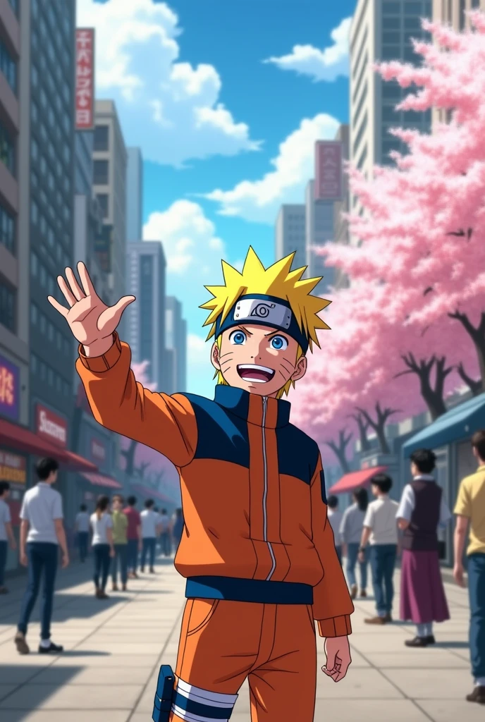 Draw Naruto Uzumaki waving to the viewer in the city