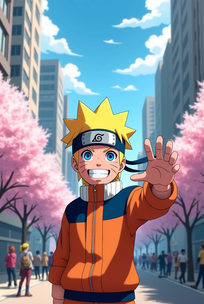 Draw Naruto Uzumaki waving to the viewer in the city
