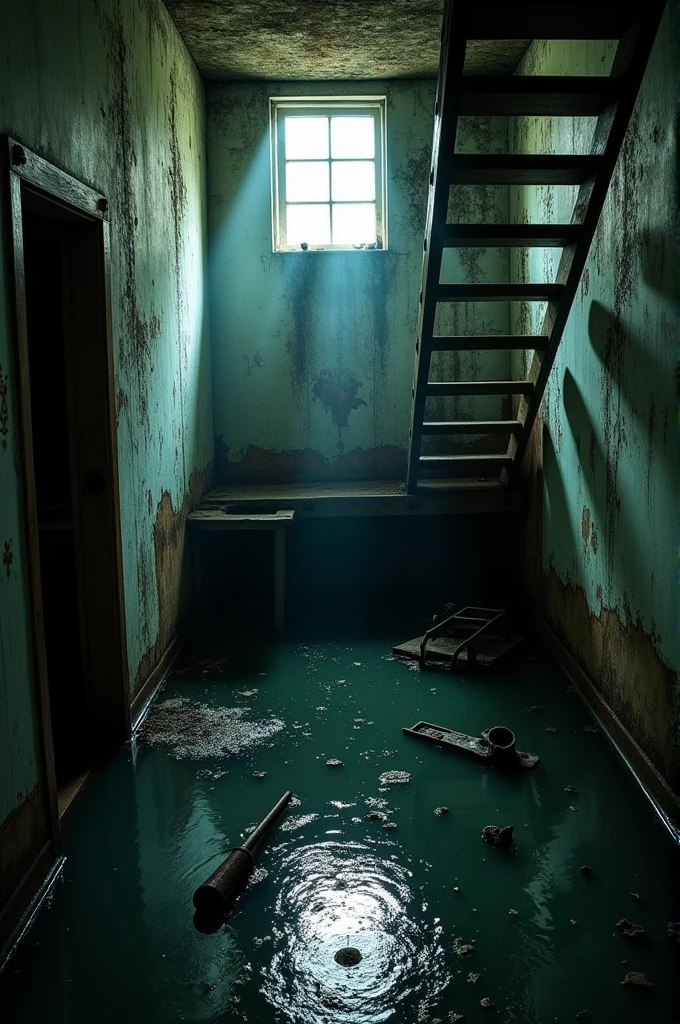I created a flooded basement of an abandoned house from the perspective of someone descending the stairs to the basement and looking down.
