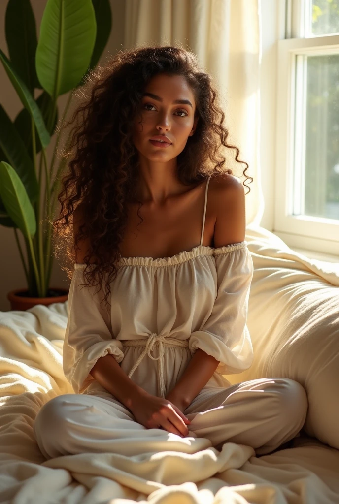 (photorealism:1.2), beautiful woman, sitting on bed, wearing loose off-shoulder top, pajama pants, long curly hair, indoors, soft lighting, plants in background, window with sunlight, cozy room, relaxed pose, realistic, intricate details, warm colors, by Greg Rutkowski, by Alphonse Mucha