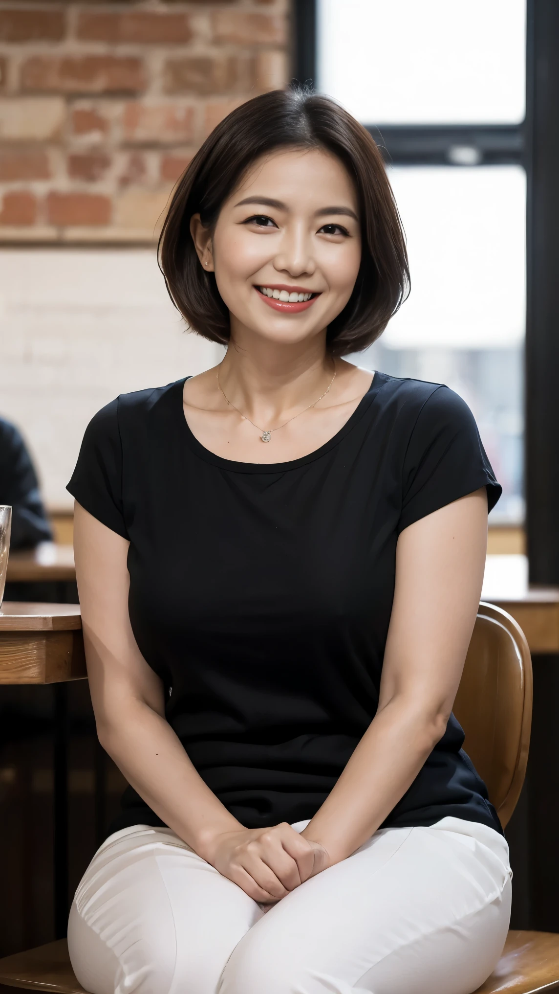 8k wallpaper, masterpiece, Highest quality, Very detailed, One Mature Woman, 50 years old, Become very clear, Wearing a short-sleeved knit, Skin dents, Captivating smile, Looking at the audience, No lapel microphone, Plump, Curvaceous, Attractive face, Smiling with teeth showing, I was happy, sitting in a cafe, Background Blur