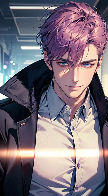 (best quality, masterpiece, 8K, photorealistic, cinematic lighting, 1:4 hdr image, ultra detailed, beautiful image), a mature man, 35 years very handsome, ((cold expression smile in love)), short purple hair, blue eyes, face perfect without mistakes, ((buttoning his jacket, CEO)), smile.