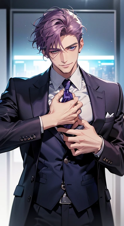 (best quality, masterpiece, 8K, photorealistic, cinematic lighting, 1:4 hdr image, ultra detailed, beautiful image), a mature man, 35 years very handsome, ((cold expression smile in love)), short  purple hair, blue eyes, face perfect without mistakes, ((buttoning his jacket, CEO)), smile.