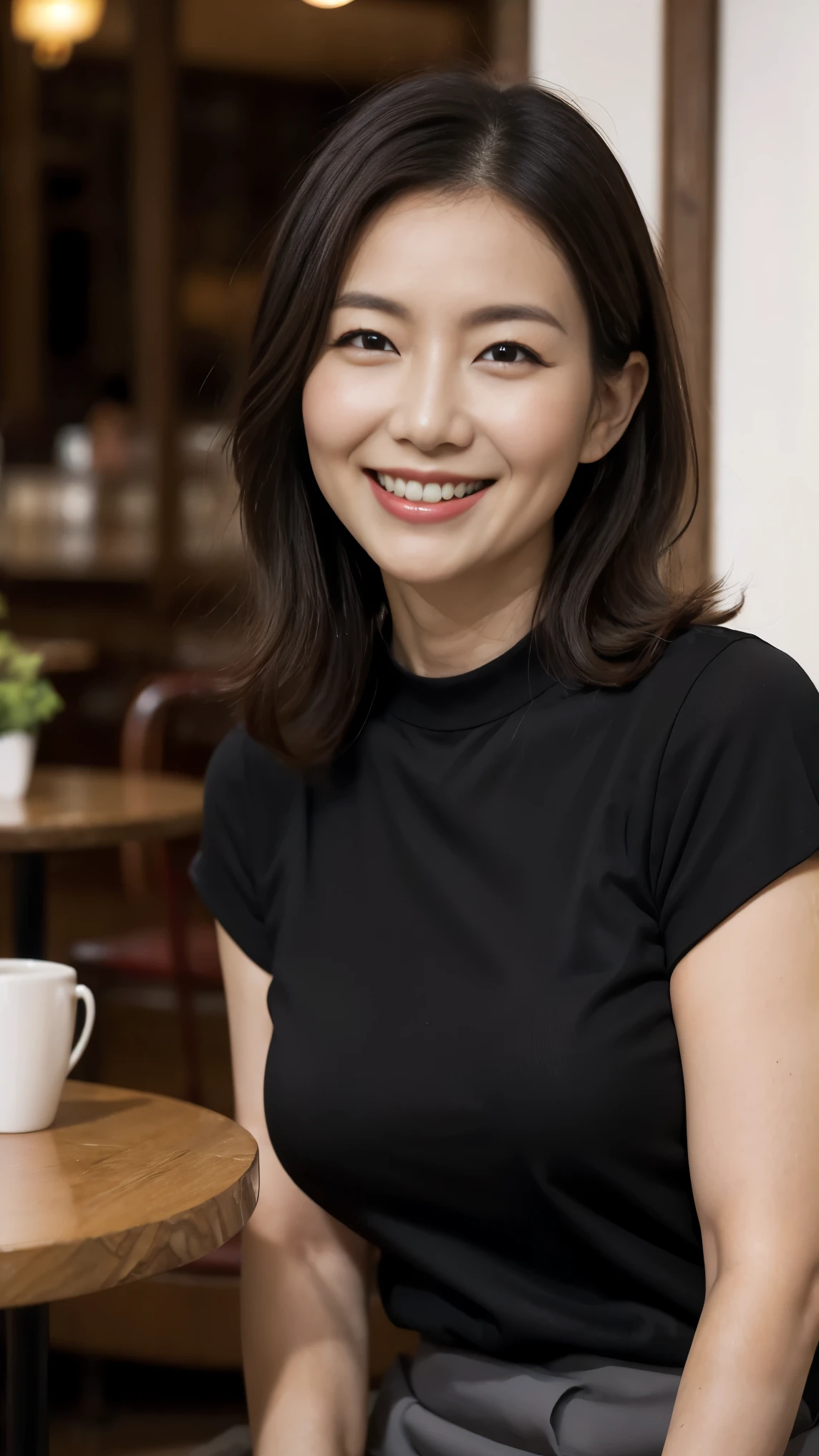 8k wallpaper, masterpiece, Highest quality, Very detailed, One Mature Woman, 50 years old, Become very clear, Wearing a short-sleeved knit, Skin dents, Captivating smile, Looking at the audience, No lapel microphone, Plump, Curvaceous, Attractive face, Smiling with teeth showing, I was happy, sitting in a cafe, Background Blur