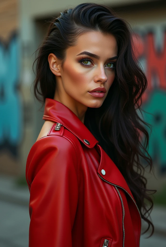 A hyper-realistic three-quarter view in 8K of a beautiful green-eyed woman with long hair shaved on the side, deep porcelain skin. She is wearing a red leather jacket. Soft lighting. Few details,