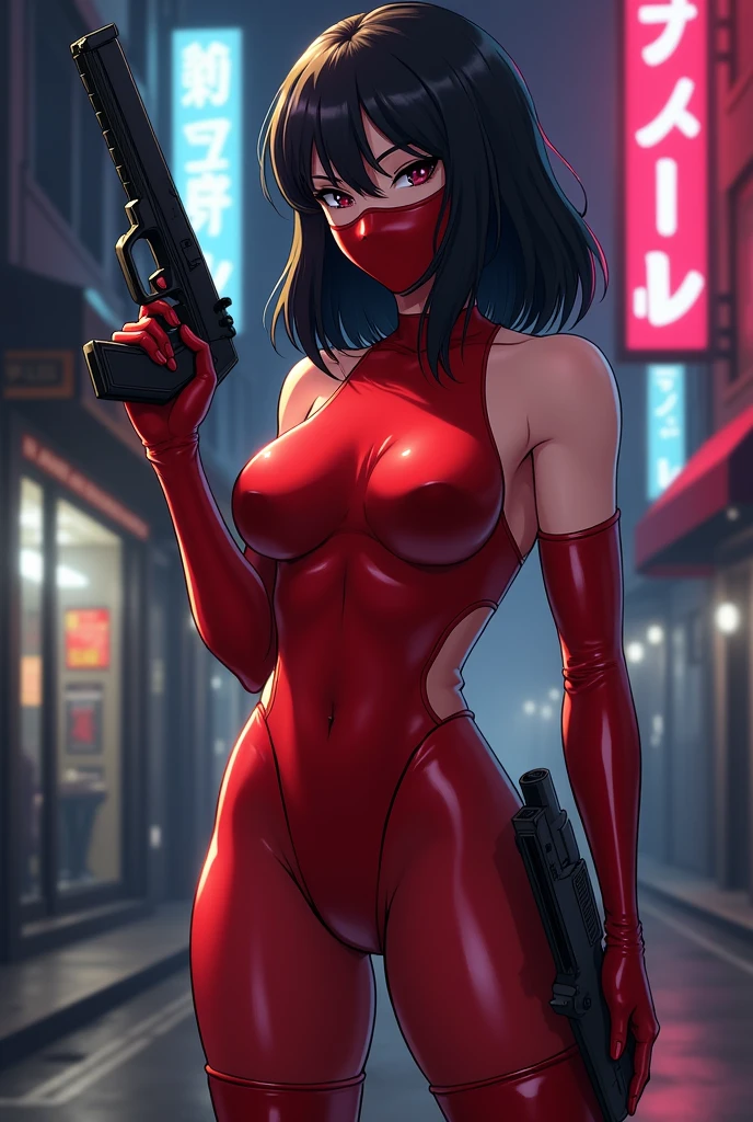 A mature, muscular woman with a refined anime-style face is wearing a glossy red high-neck leotard.。wearing matching long gloves and thigh-high boots。He wears a mask over his mouth。holding a submachine gun in their hand.。Asian with medium length black hair、Nipples are erect。