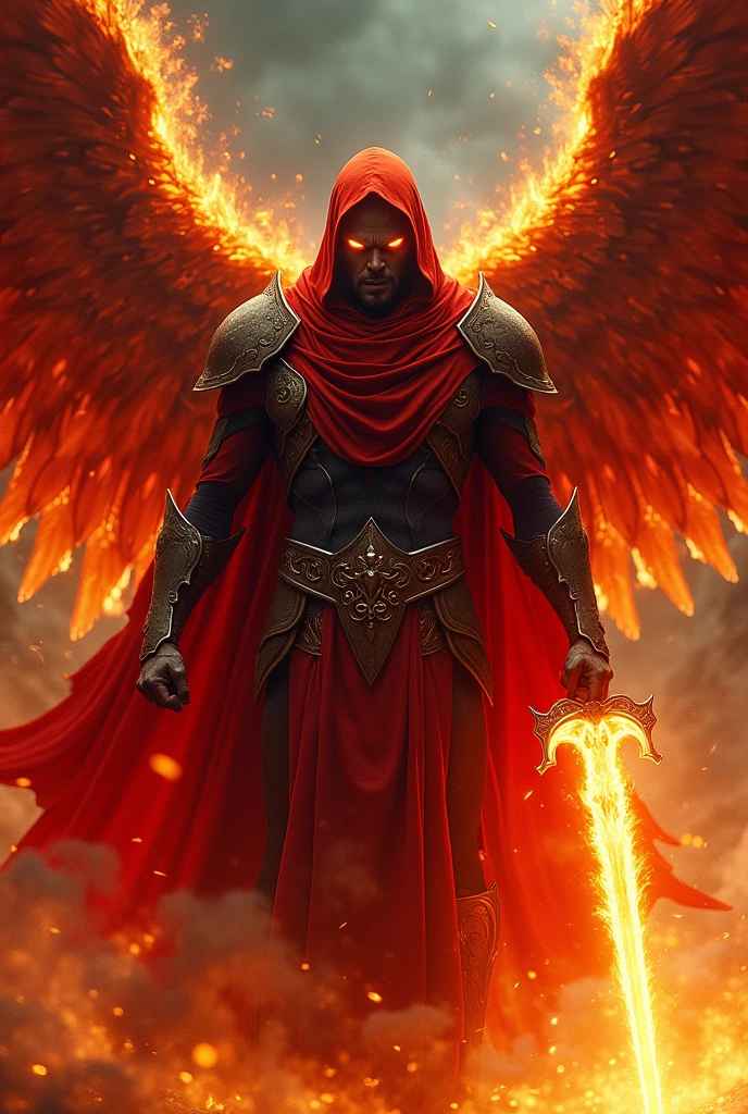 Man in red armored robe with red bird like wing he have six yellow glowing eye stare from the shadow with shadow create by robe cover his face he wield fire sword with flame in the back ground