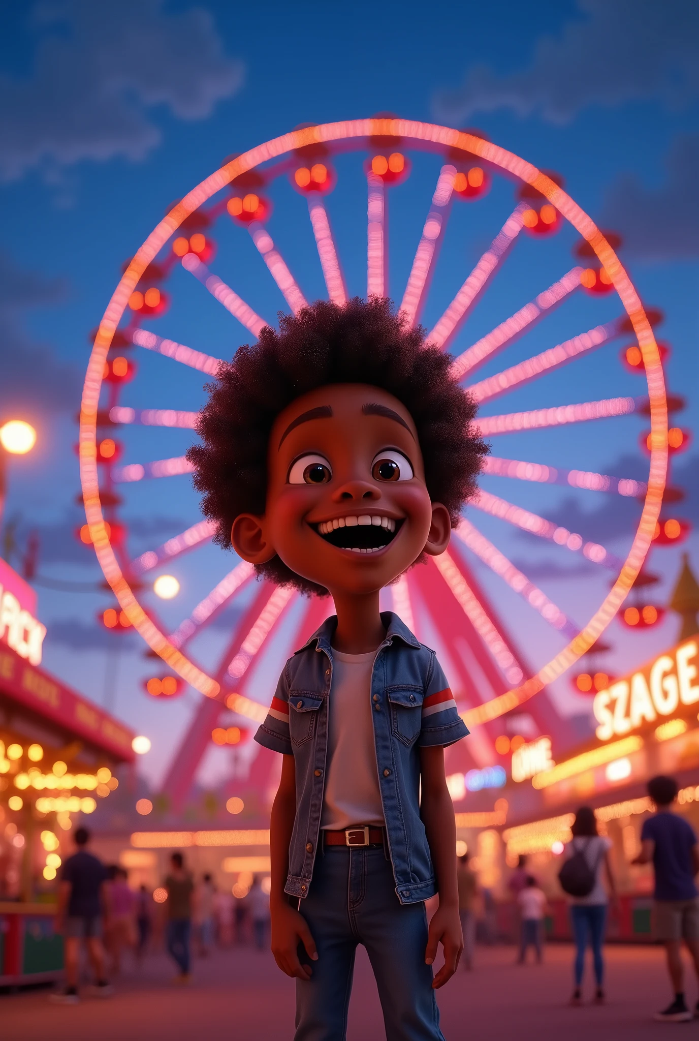 create a poster inspired by Disney Pixar movies with the title: Rickelme. that has a medium brown curly hair, in an amusement park with a Ferris wheel with colorful lights in the background