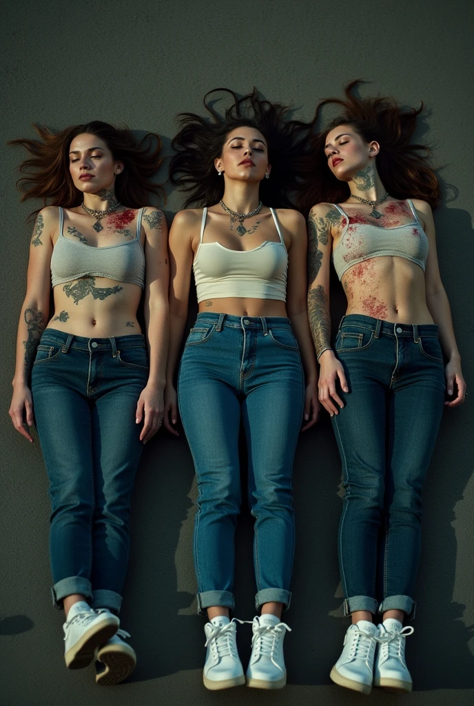 ((sexy three 20s russian women)), dark blue tight skinny jeans, belt, nike white air force one sneakers, topless, (((full view))), full body view, lying on the steet, dirty and bloody skin, blood, scratches, bruise, sleeping, lifeless, eyes closed, mouth open, necklace, tits, wristwatch, bracelet, dead, showing armpit and belly button, ?????? pose