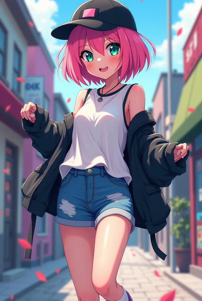 ((Artwork, 8K, 2008s style anime, very detailed)), 1 girl, short pink hair with black stripes, heterochromia in the eyes, small nose, wears a black cap turned backwards, smiling from the corner of her eye, wearing a loose white shirt, denim shorts, wearing several bracelets, open black jacket, wearing long white socks, purple sneakers.