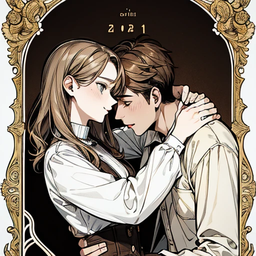 A 20-year-old boy with short brown hair loving a 21-year-old girl with wavy brown hair and blonde highlights, A heterosexual couple loving each other incomparably, being tender with each other 