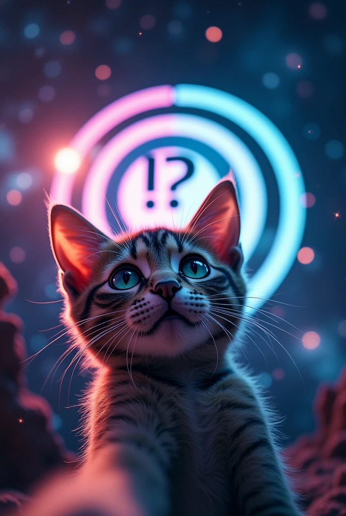 Close-up of cat face, Space in the background (Beautiful shining stars and galaxies), Space Cat, Large target "!?" on the screen is written in Large target letters on the screen,Heart symbol、Cute selfie
