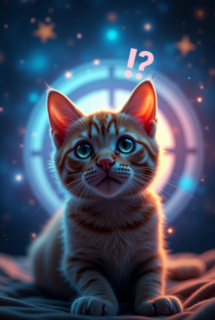 Close-up of cat face, Space in the background (Beautiful shining stars and galaxies), Space Cat, Large target "!?" on the screen is written in Large target letters on the screen,Heart symbol、Cute selfie
