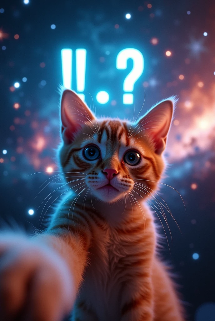 Close-up of cat face, Space in the background (Beautiful shining stars and galaxies), Space Cat, Large target "!?" on the screen is written in Large target letters on the screen,Heart symbol、Cute selfie