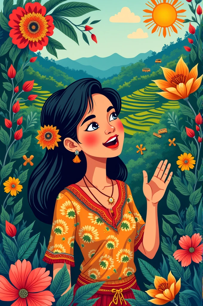 A vibrant poster featuring a Filipino person speaking, surrounded by traditional Filipino patterns and the Baybayin script. And the background is some culture of the Philippines then don't use some realistic design use some cartoon or poster design