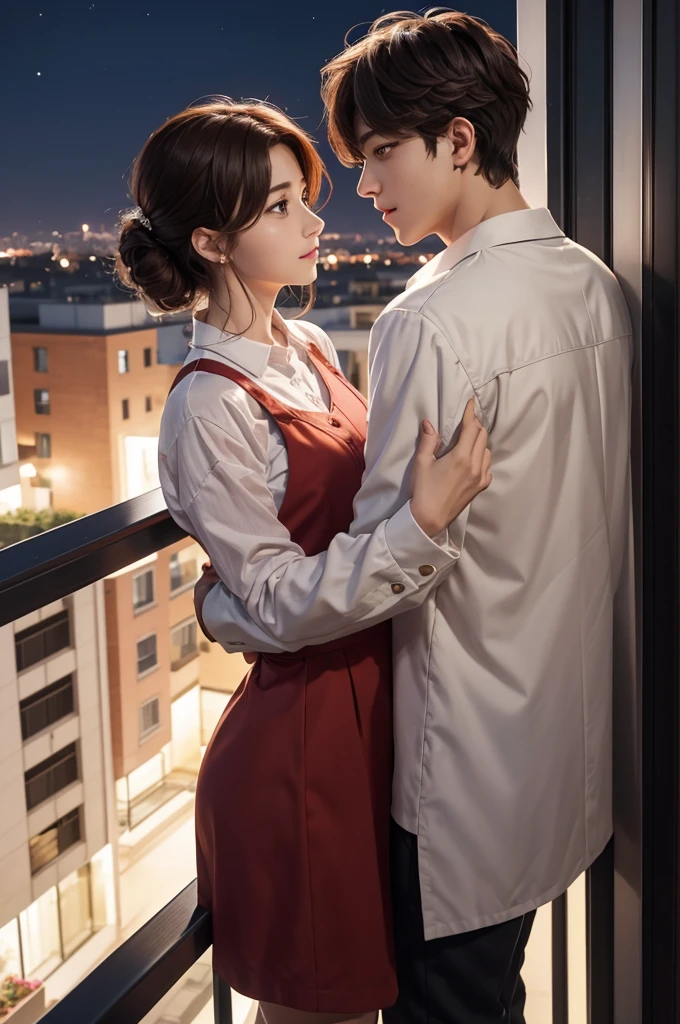 Can you make me a book cover where two people are falling in love and meeting again as doctor and patient?, One of the boys is Taehyung from BTS and the other is Jungkook from BTS, You can place them on a balcony at night , The image is facing forward, It's like they are talking but they are not close to each other, They are looking towards the front of the city and they are not looking at each other, They are casually dressed, A romantic love story between a man and a woman