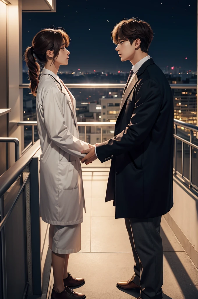 Can you make me a book cover where two people are falling in love and meeting again as doctor and patient?, One of the boys is Taehyung from BTS and the other is Jungkook from BTS, You can place them on a balcony at night , The image is facing forward, It's like they are talking but they are not close to each other, They are looking towards the front of the city and they are not looking at each other, They are casually dressed, A romantic love story between a man and a woman