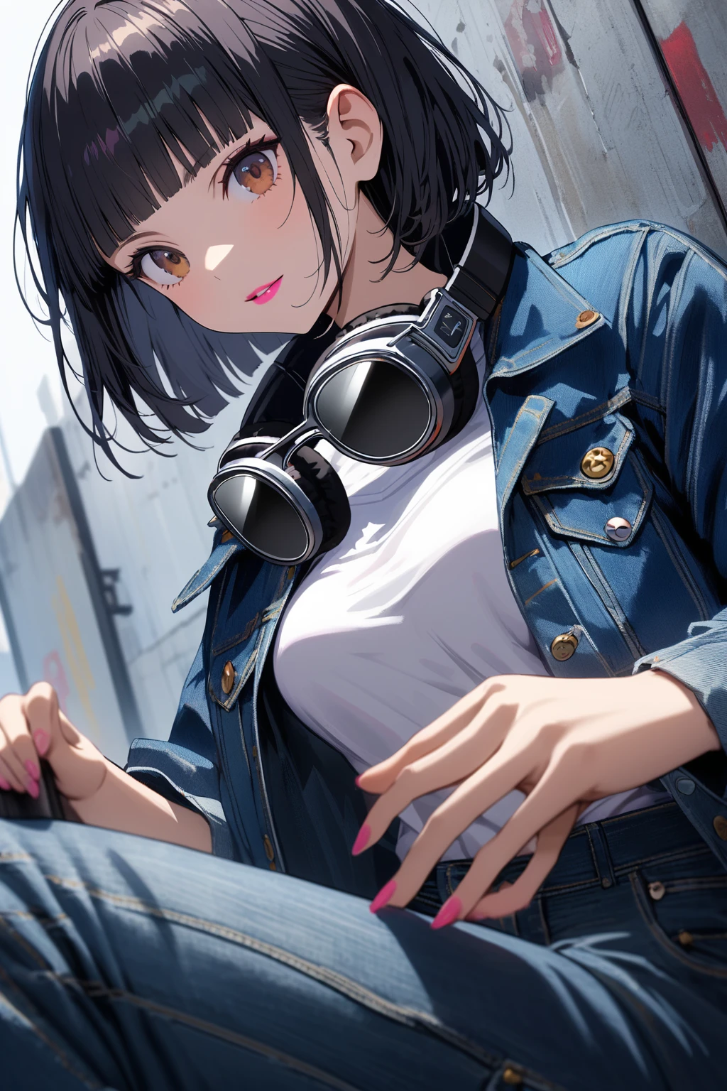 (extremely detailed fine touch:1.3), (((silver sunglasses:1.3))), (wear black headphones around neck:0.9), girl, solo, bowl cut hair, blunt bangs, black hair, brown eyes, pink lipstick, medium breasts, denim jacket, white shirt, denim pants, extremely detailed wall