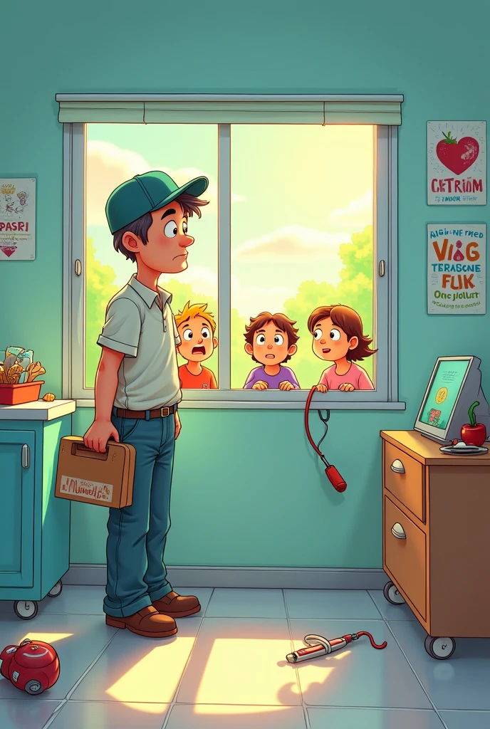 Sad food delivery man, cartoon. at the doctor&#39;s and thinking about his old age without a pension