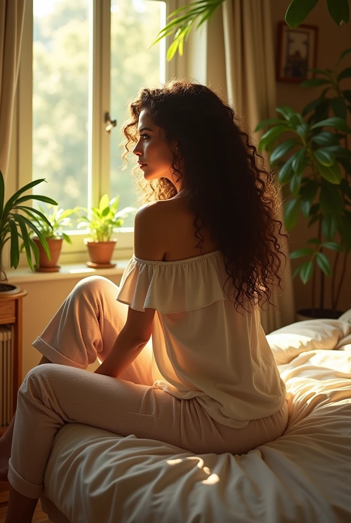(photorealism:1.2), beautiful woman, sitting on bed, wearing loose off-shoulder top, pajama pants, long curly hair, indoors, soft lighting, plants in background, window with sunlight, cozy room, relaxed pose, realistic, intricate details, warm colors, by Greg Rutkowski, by Alphonse Mucha