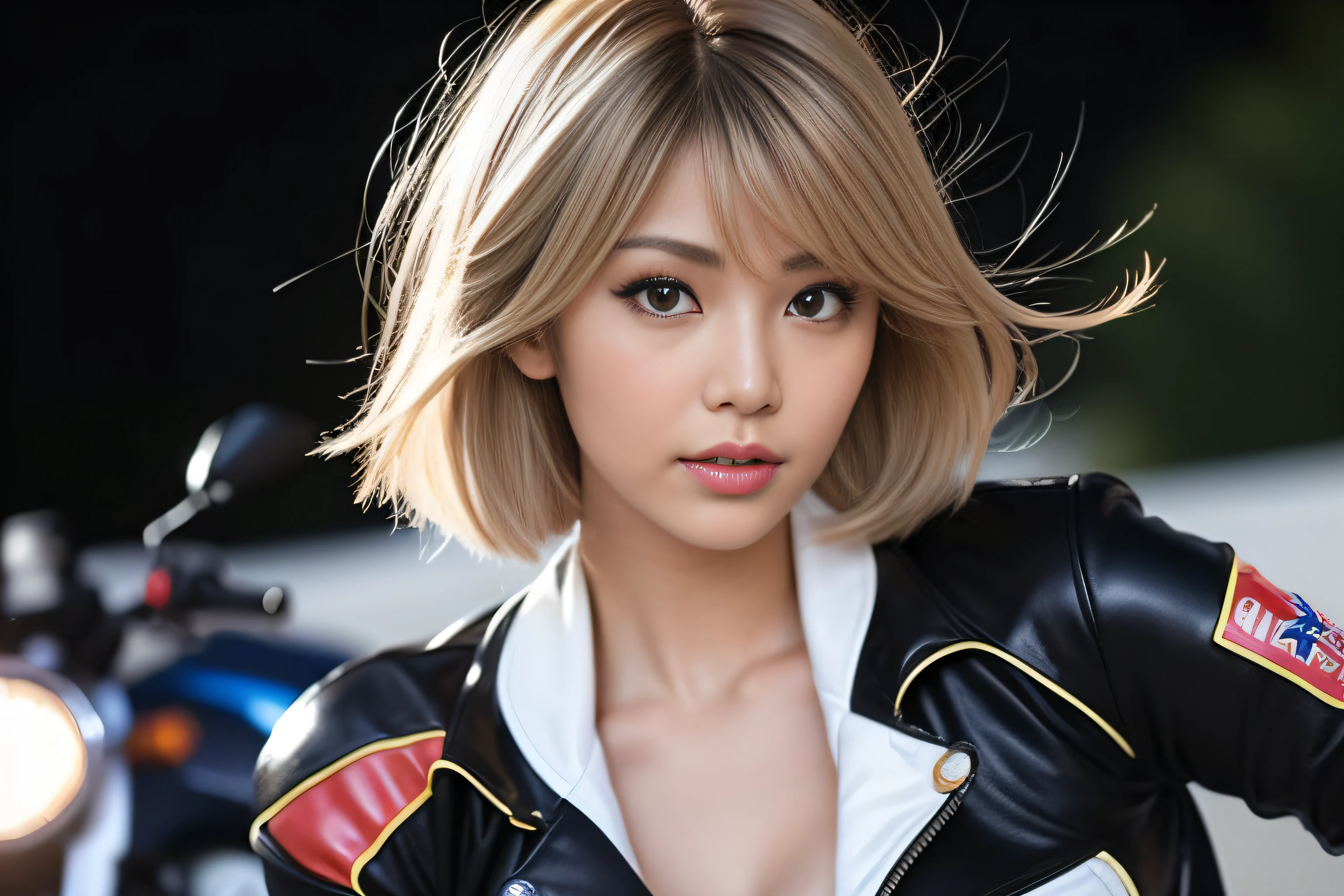 Highest quality, Ultra-high resolution, (Photorealistic:1.4), (Famous Japanese actresses:1.2), so beautiful, cute, Professional photos, (Improve:1.3), Very short hair, Blonde, beautiful girl, Flat Chest, Small face, (Sunburned skin:1.3), (Improve makeup:1.2), Realistic body, Fair skin, Glowing Skin, View your viewers, Dynamic Lighting, Movie angle, (Riding on motorcycle:1.3), Stadium Jacket,
