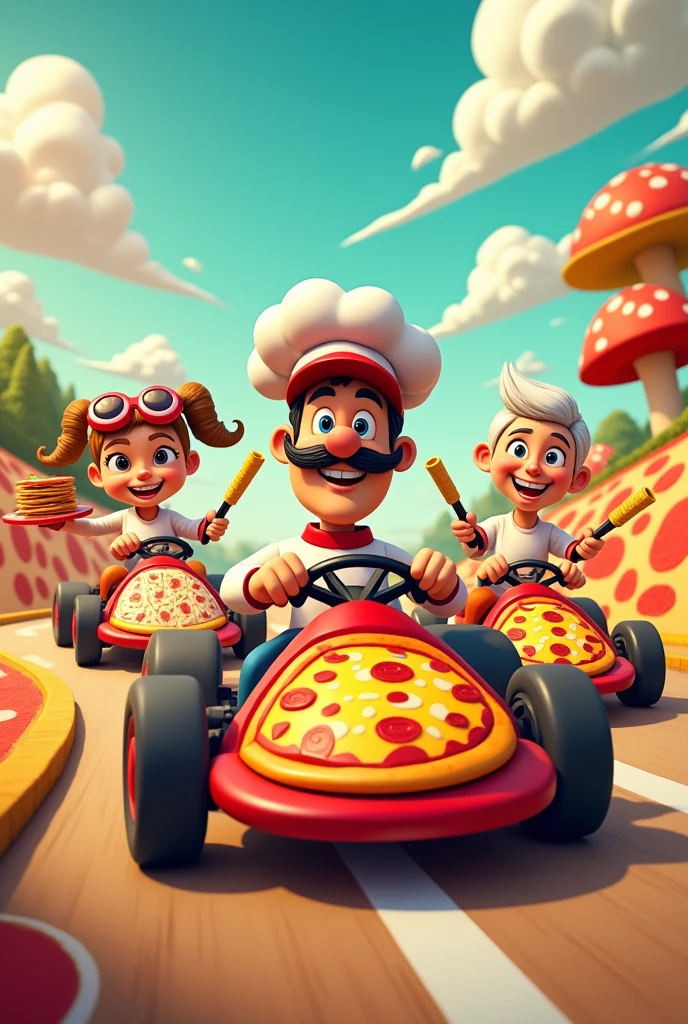 Crée-moi une bande de personnages amateurs de pizzas en karting surboosté inspiré de Mario kart mais libre de droit d'auteur pour décorer ma pizzeria devant le karting électrique 