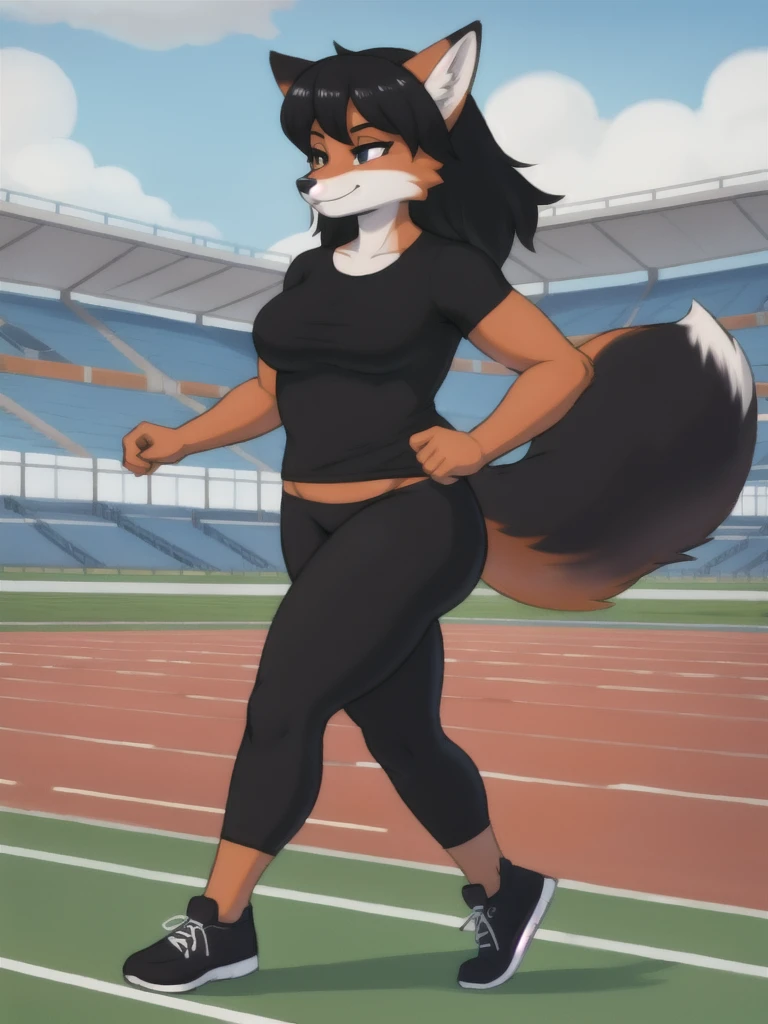Furry, fox, female, black shirt, black leggings, shoes, running track, friends, full body