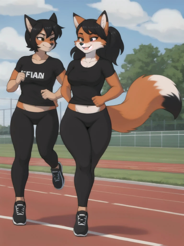 Furry, fox, female, black shirt, black leggings, shoes, running track, friends, full body
